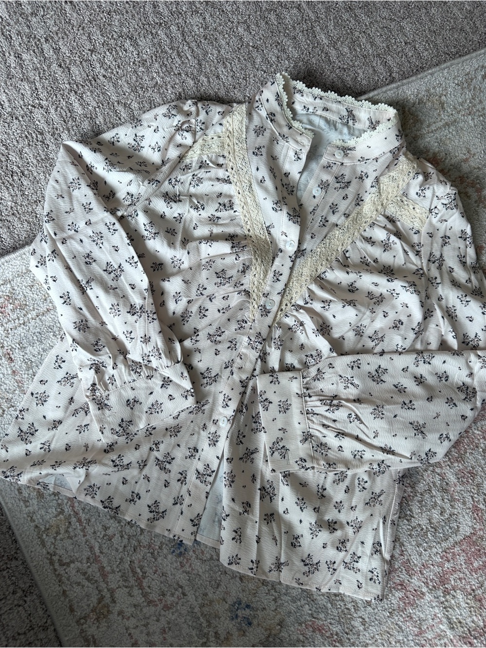 SHEIN Women's Cream Floral Lace-Trim Button-Up Top